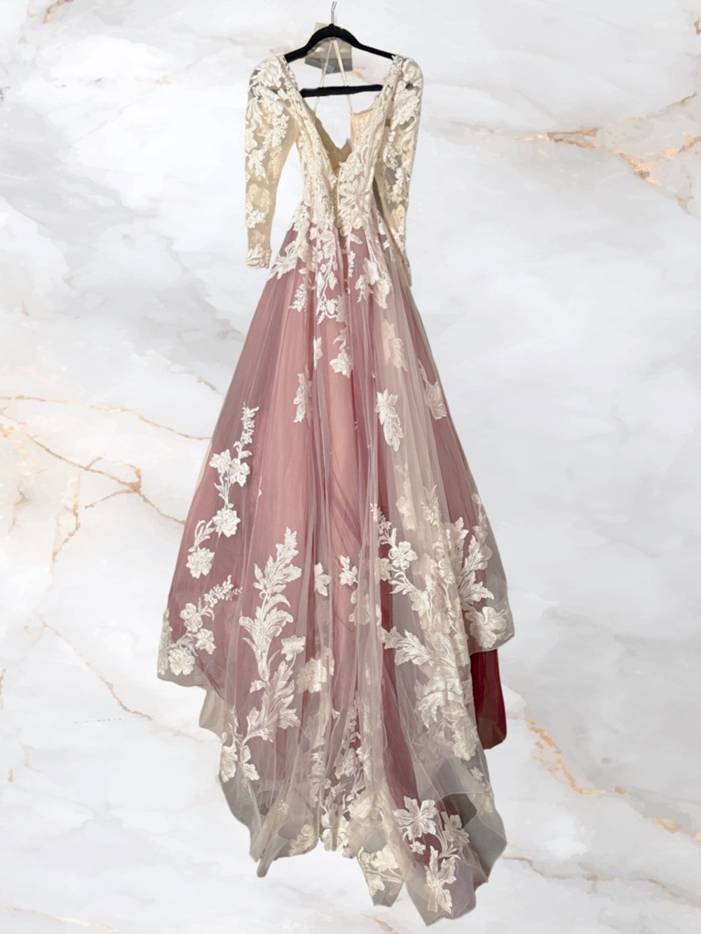 Justin Alexander Lace Pattern Long Dress With Pink/Bugundy Underlay & Ivory(TRR) - Picture 13 of 15